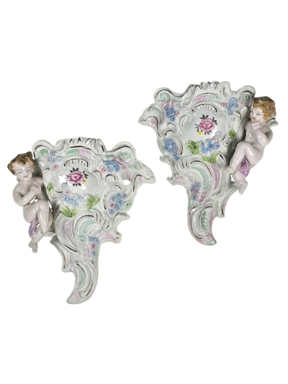 Vintage L&M Inc Porcelain Cherub Wall Pocket Vases Pair Pink Rose Flowers Gold